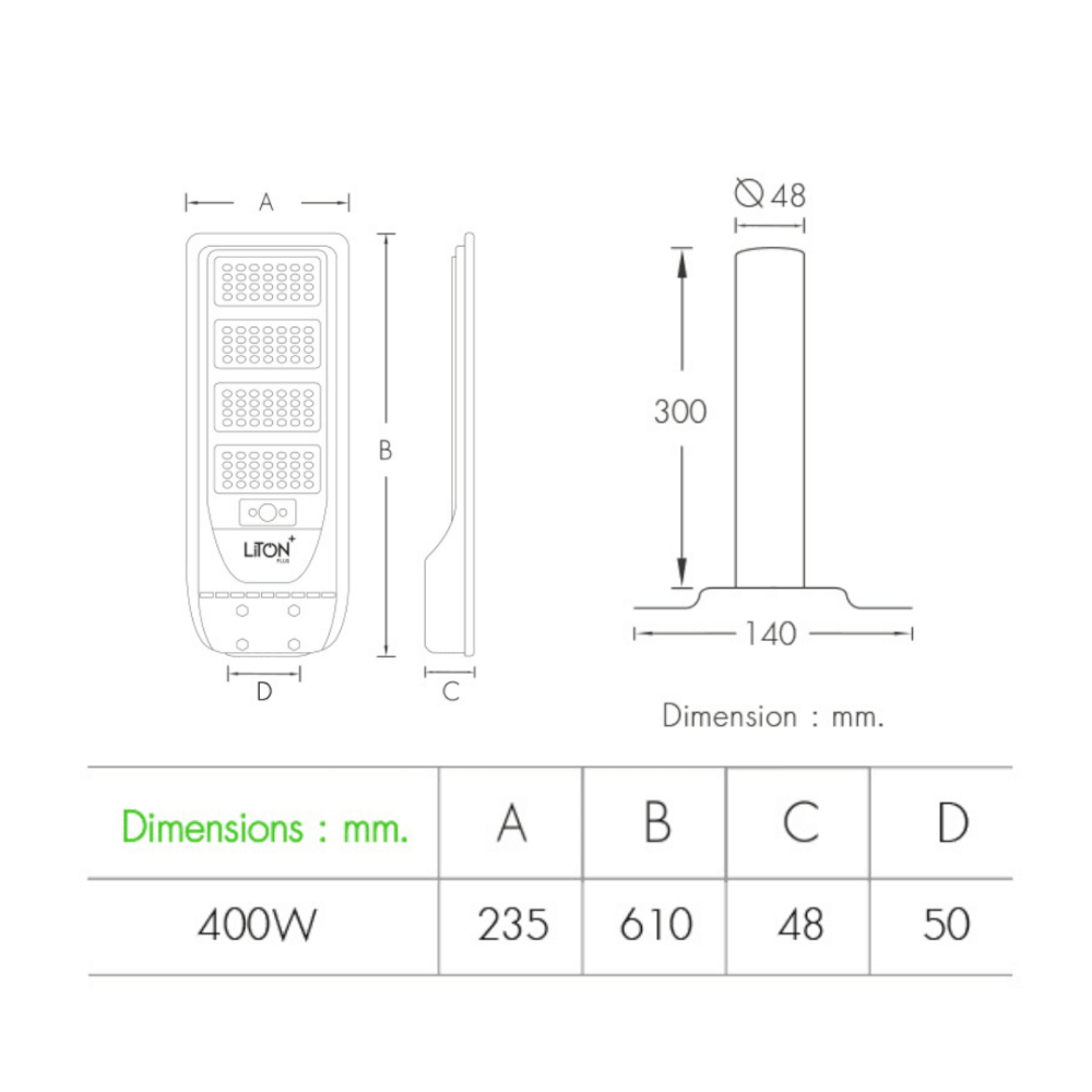 ชุดโคมถนนโซล่า LITON+  รุ่น THUNDER พร้อมขาจับโคม 400 วัตต์_7